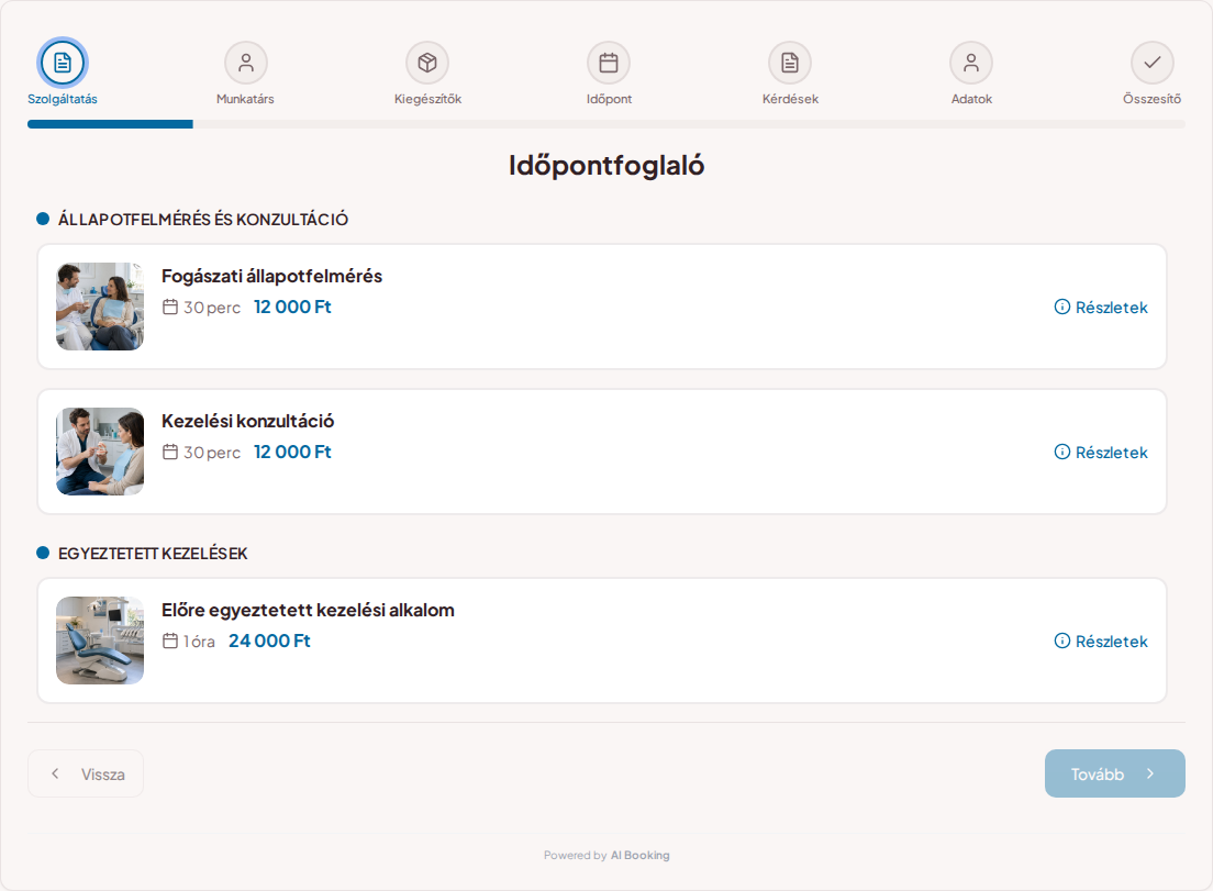 Időpontfoglaló rendszer fogorvosoknak – Fogászati állapotfelmérés, Kezelési konzultáció, Előre egyeztetett kezelési alkalom árakkal, időtartammal és kategóriákkal