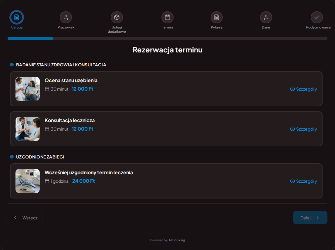 System rezerwacji dla stomatologów – Ocena stanu uzębienia, Konsultacja lecznicza, Wcześniej uzgodniony termin leczenia z cenami, czasem trwania i kategoriami System rezerwacji dla stomatologów – Ocena stanu uzębienia, Konsultacja lecznicza, Wcześniej uzgodniony termin leczenia z cenami, czasem trwania i kategoriami