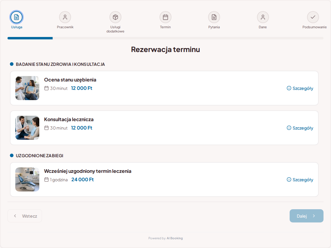 System rezerwacji dla stomatologów – Ocena stanu uzębienia, Konsultacja lecznicza, Wcześniej uzgodniony termin leczenia z cenami, czasem trwania i kategoriami System rezerwacji dla stomatologów – Ocena stanu uzębienia, Konsultacja lecznicza, Wcześniej uzgodniony termin leczenia z cenami, czasem trwania i kategoriami