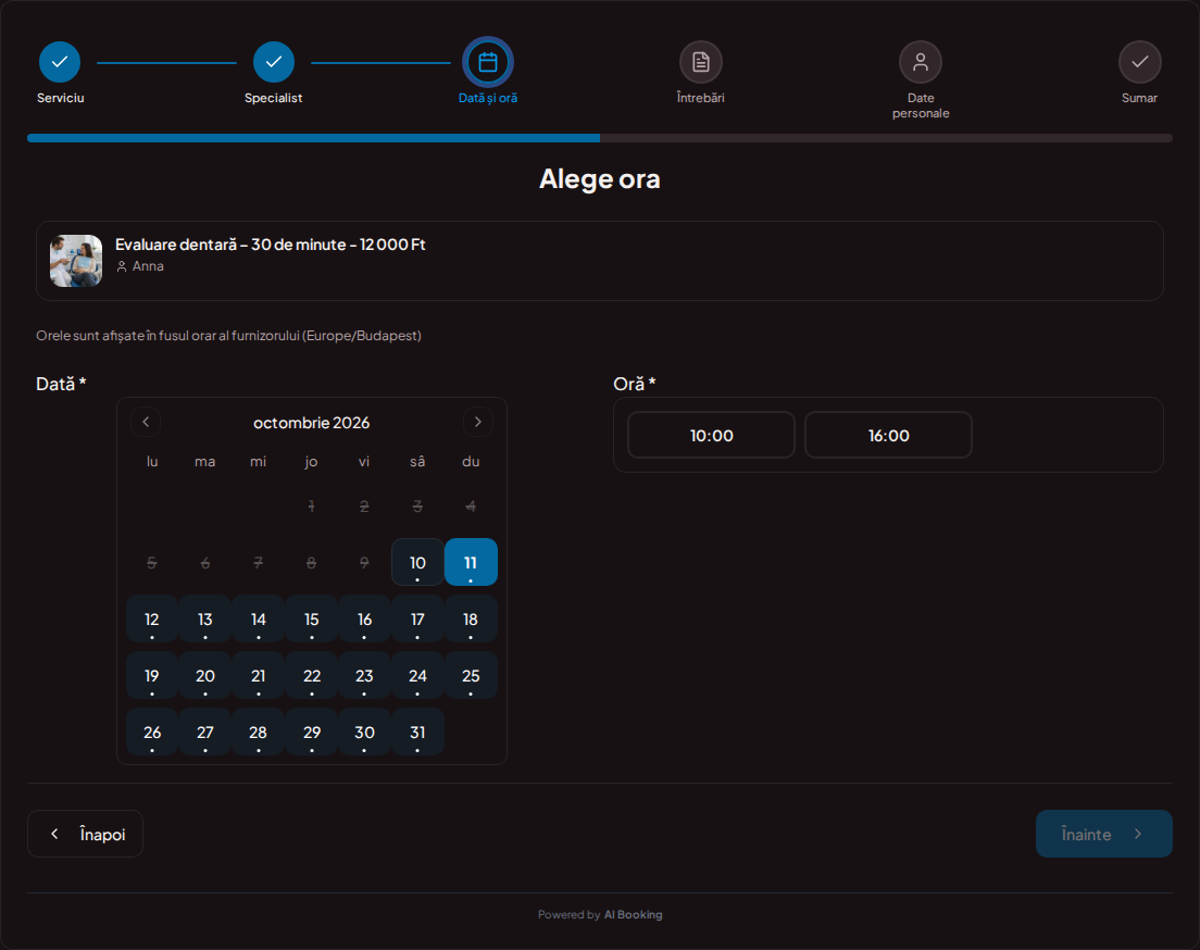 Sistem de programări pentru stomatologi – Calendar de programări pentru cabinet stomatologic cu intervale libere pentru serviciul ales Sistem de programări pentru stomatologi – Calendar de programări pentru cabinet stomatologic cu intervale libere pentru serviciul ales