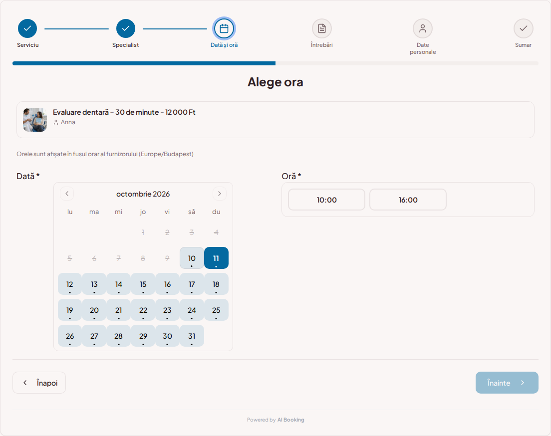 Sistem de programări pentru stomatologi – Calendar de programări pentru cabinet stomatologic cu intervale libere pentru serviciul ales Sistem de programări pentru stomatologi – Calendar de programări pentru cabinet stomatologic cu intervale libere pentru serviciul ales
