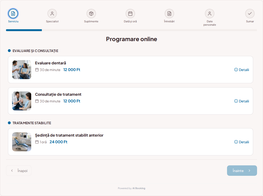 Sistem de programări pentru stomatologi – Evaluare dentară, Consultație de tratament, Ședință de tratament stabilit anterior cu prețuri, durată și categorii Sistem de programări pentru stomatologi – Evaluare dentară, Consultație de tratament, Ședință de tratament stabilit anterior cu prețuri, durată și categorii