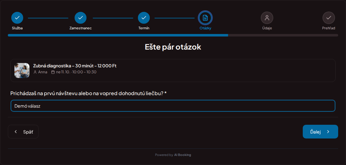 Systém na rezerváciu termínov pre zubárov – Predrezervačná otázka pre zubnú vizitu: Prichádzate na prvú vizitu alebo na vopred dohodnutú liečbu? Systém na rezerváciu termínov pre zubárov – Predrezervačná otázka pre zubnú vizitu: Prichádzate na prvú vizitu alebo na vopred dohodnutú liečbu?