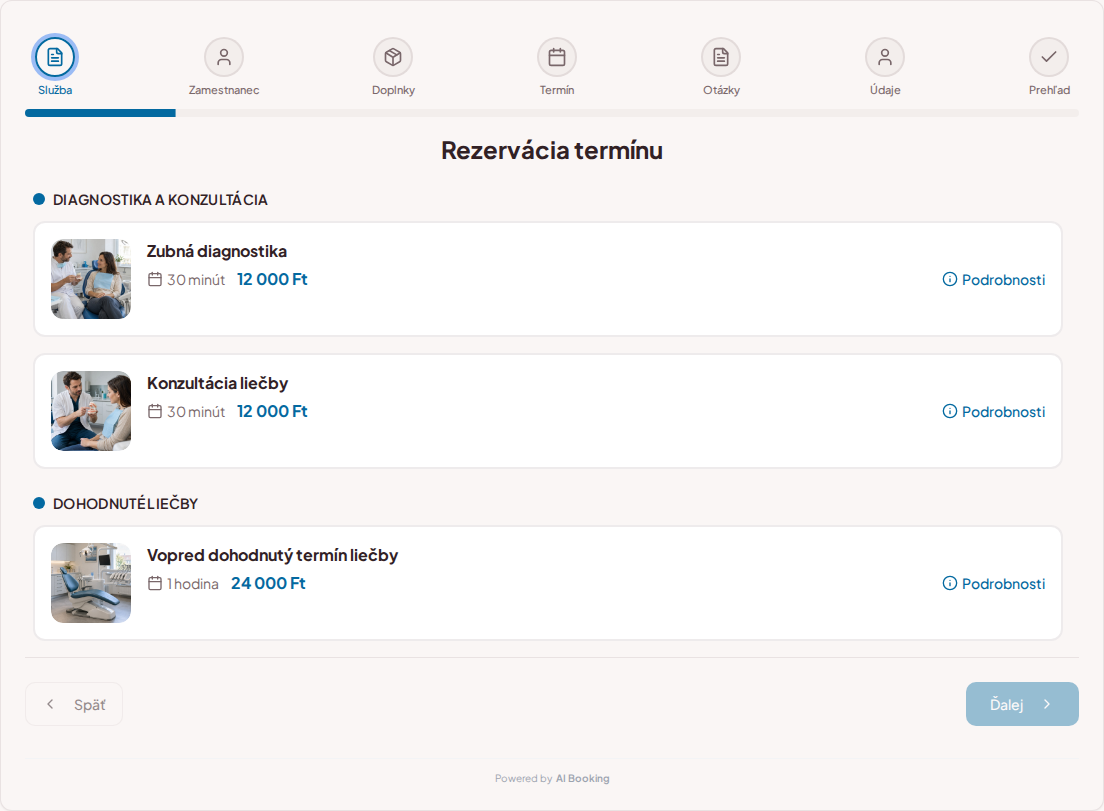 Systém na rezerváciu termínov pre zubárov – Zubná diagnostika, Konzultácia liečby, Vopred dohodnutý termín liečby s cenami, dĺžkou trvania a kategóriami Systém na rezerváciu termínov pre zubárov – Zubná diagnostika, Konzultácia liečby, Vopred dohodnutý termín liečby s cenami, dĺžkou trvania a kategóriami
