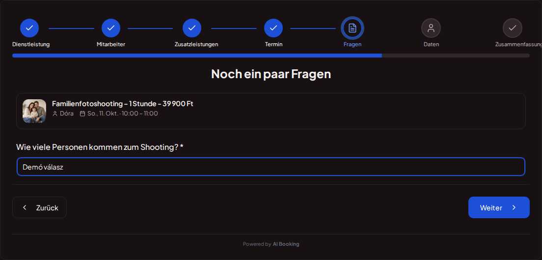 Online-Terminbuchung für Fotografen – Fragefeld bei der Shooting-Buchung zur Anzahl der teilnehmenden Personen Online-Terminbuchung für Fotografen – Fragefeld bei der Shooting-Buchung zur Anzahl der teilnehmenden Personen