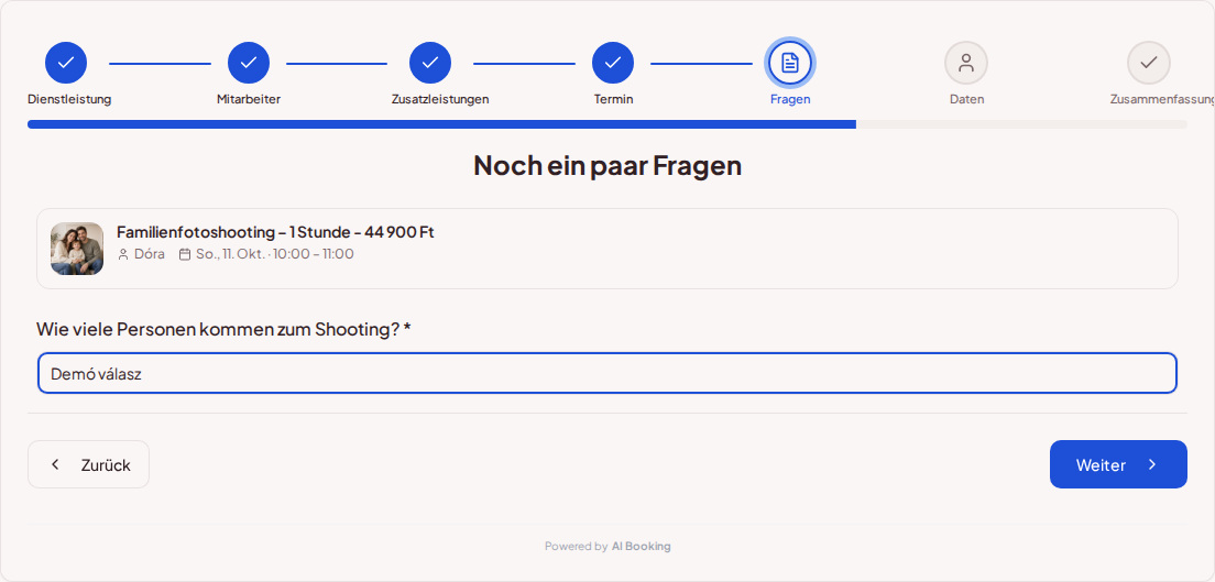 Online-Terminbuchung für Fotografen – Fragefeld bei der Shooting-Buchung zur Anzahl der teilnehmenden Personen Online-Terminbuchung für Fotografen – Fragefeld bei der Shooting-Buchung zur Anzahl der teilnehmenden Personen