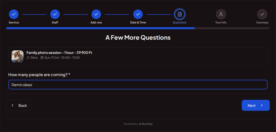 Online booking for photographers – Photo session booking question field for the number of people attending