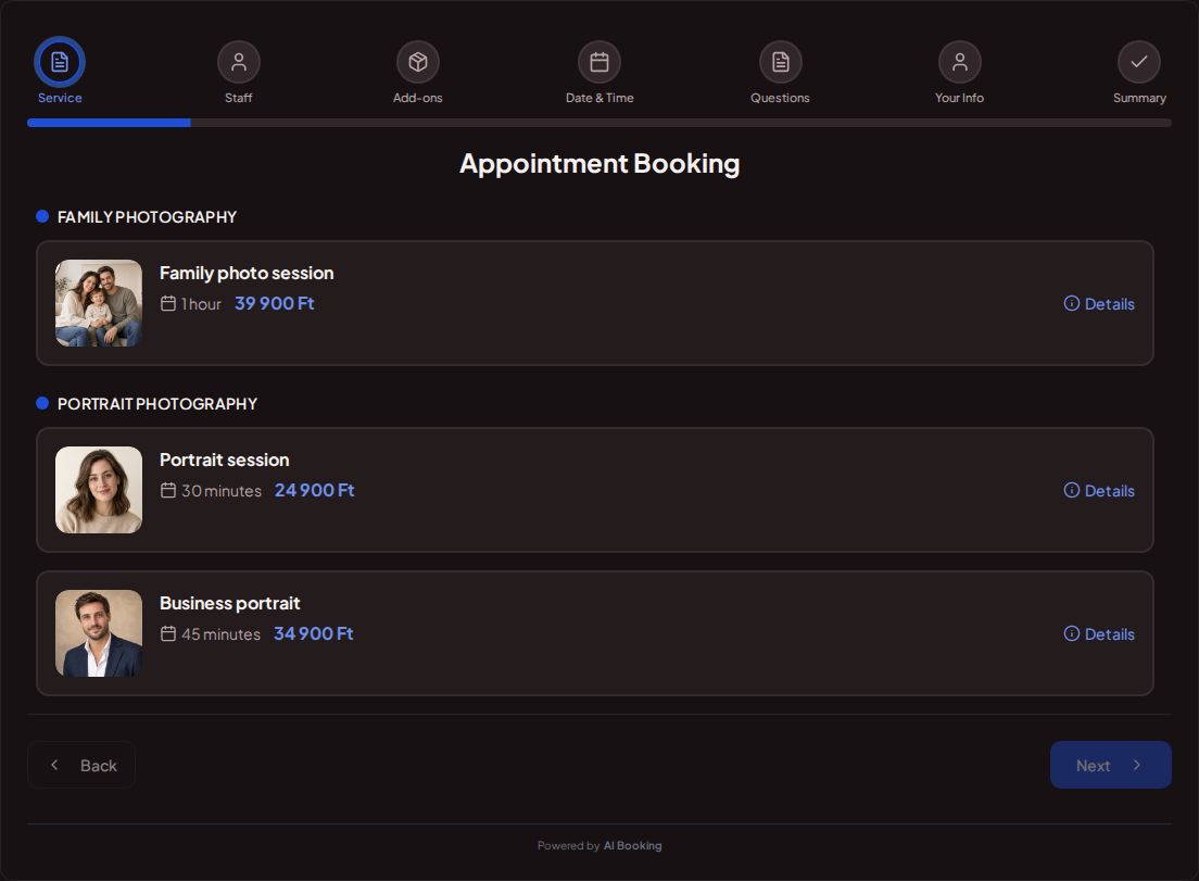 Online booking for photographers – Family, portrait and business photo packages with photos, prices and durations