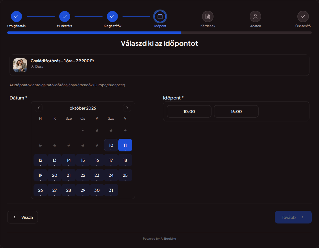 Online időpontfoglaló fotósoknak – Fotózás időpontfoglaló naptára a kiválasztott csomaghoz elérhető szabad időpontokkal Online időpontfoglaló fotósoknak – Fotózás időpontfoglaló naptára a kiválasztott csomaghoz elérhető szabad időpontokkal