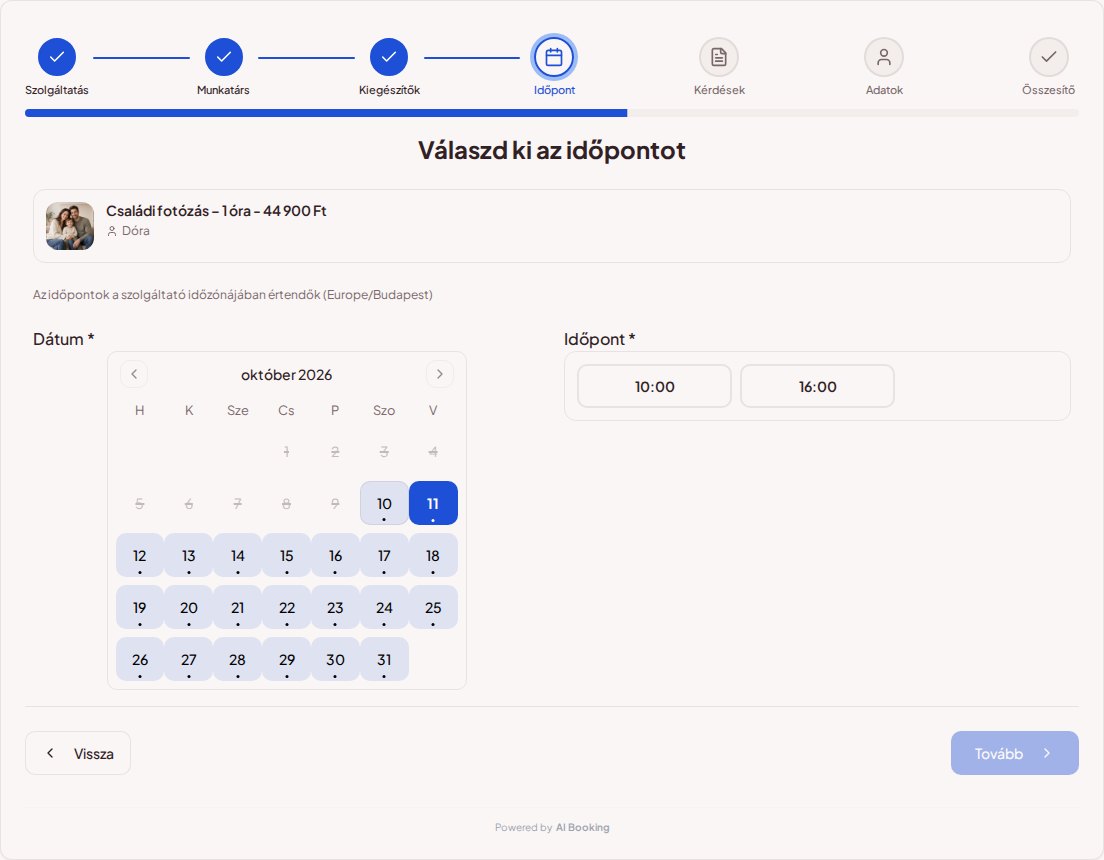 Online időpontfoglaló fotósoknak – Fotózás időpontfoglaló naptára a kiválasztott csomaghoz elérhető szabad időpontokkal Online időpontfoglaló fotósoknak – Fotózás időpontfoglaló naptára a kiválasztott csomaghoz elérhető szabad időpontokkal