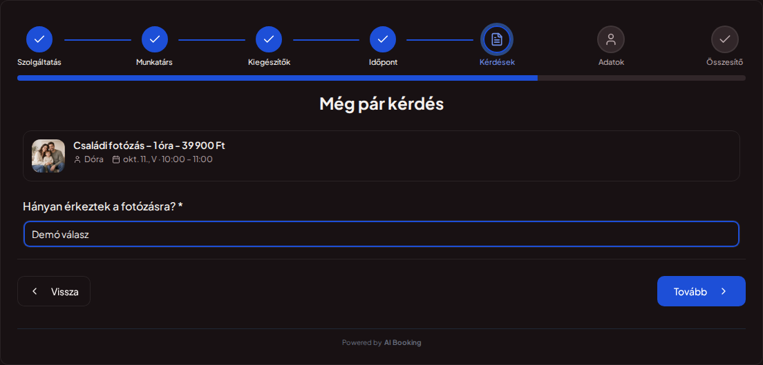 Online időpontfoglaló fotósoknak – Fotózás foglalási kérdésmezője az érkező résztvevők számához Online időpontfoglaló fotósoknak – Fotózás foglalási kérdésmezője az érkező résztvevők számához