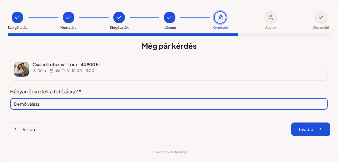 Online időpontfoglaló fotósoknak – Fotózás foglalási kérdésmezője az érkező résztvevők számához Online időpontfoglaló fotósoknak – Fotózás foglalási kérdésmezője az érkező résztvevők számához