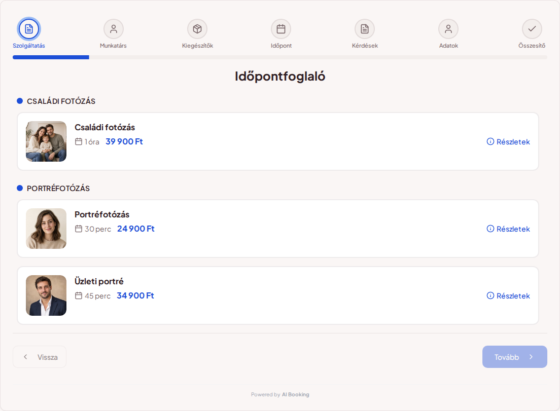 Online időpontfoglaló fotósoknak – Családi fotózás, portréfotózás és üzleti portré csomagjai képekkel, árakkal és időtartammal Online időpontfoglaló fotósoknak – Családi fotózás, portréfotózás és üzleti portré csomagjai képekkel, árakkal és időtartammal