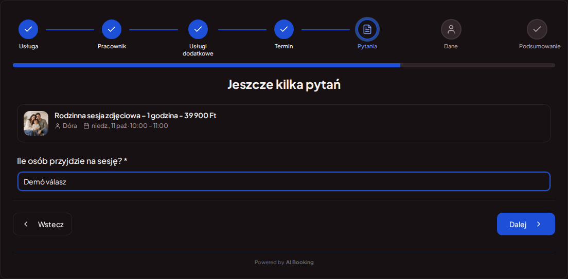 Rezerwacje online dla fotografów – Pole pytania w rezerwacji sesji zdjęciowej o liczbę uczestników Rezerwacje online dla fotografów – Pole pytania w rezerwacji sesji zdjęciowej o liczbę uczestników
