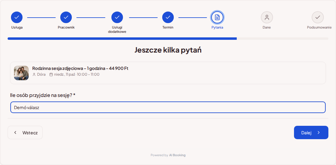 Rezerwacje online dla fotografów – Pole pytania w rezerwacji sesji zdjęciowej o liczbę uczestników Rezerwacje online dla fotografów – Pole pytania w rezerwacji sesji zdjęciowej o liczbę uczestników