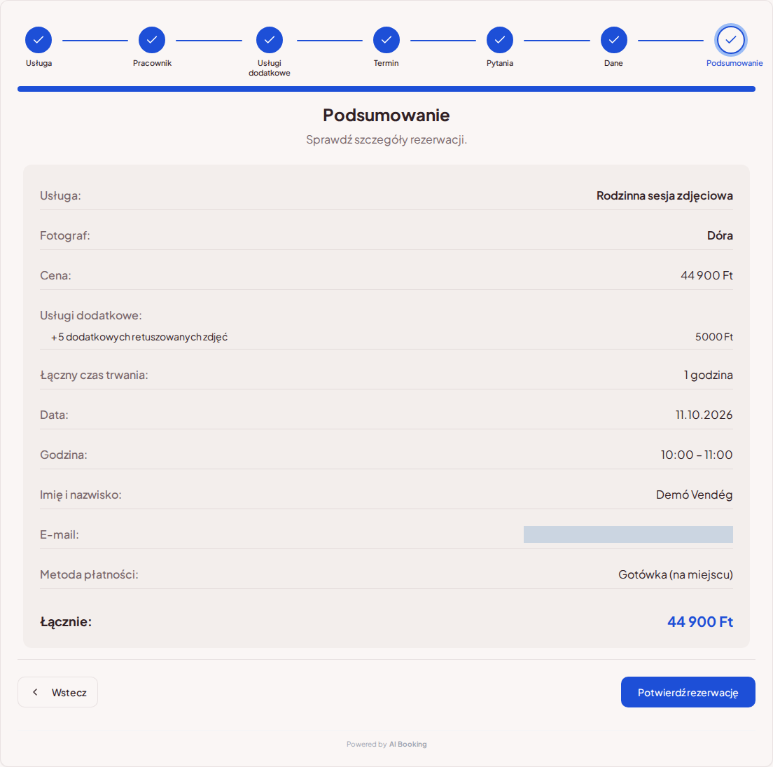 Rezerwacje online dla fotografów – Podsumowanie rezerwacji sesji z fotografem, pakietem, datą i ceną całkowitą Rezerwacje online dla fotografów – Podsumowanie rezerwacji sesji z fotografem, pakietem, datą i ceną całkowitą