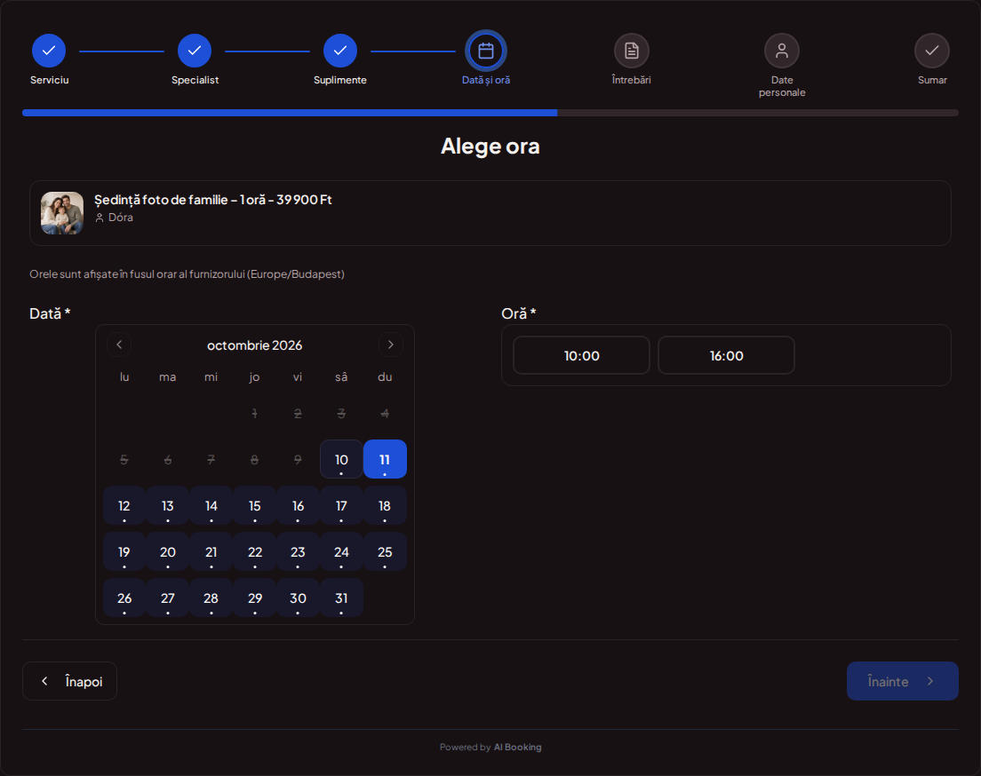 Programări online pentru fotografi – Calendar de programări foto cu ore disponibile pentru pachetul ales Programări online pentru fotografi – Calendar de programări foto cu ore disponibile pentru pachetul ales