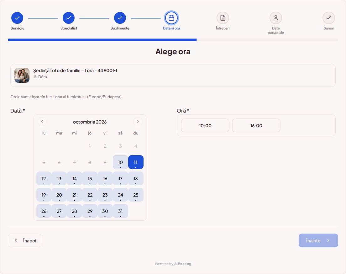 Programări online pentru fotografi – Calendar de programări foto cu ore disponibile pentru pachetul ales Programări online pentru fotografi – Calendar de programări foto cu ore disponibile pentru pachetul ales