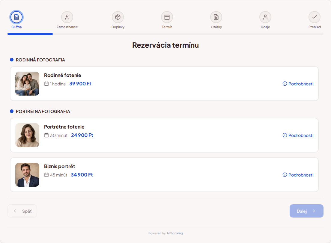 Online rezervácie pre fotografov – Balíky rodinného fotenia, portrétov a biznis portrétov s fotografiami, cenami a trvaním
