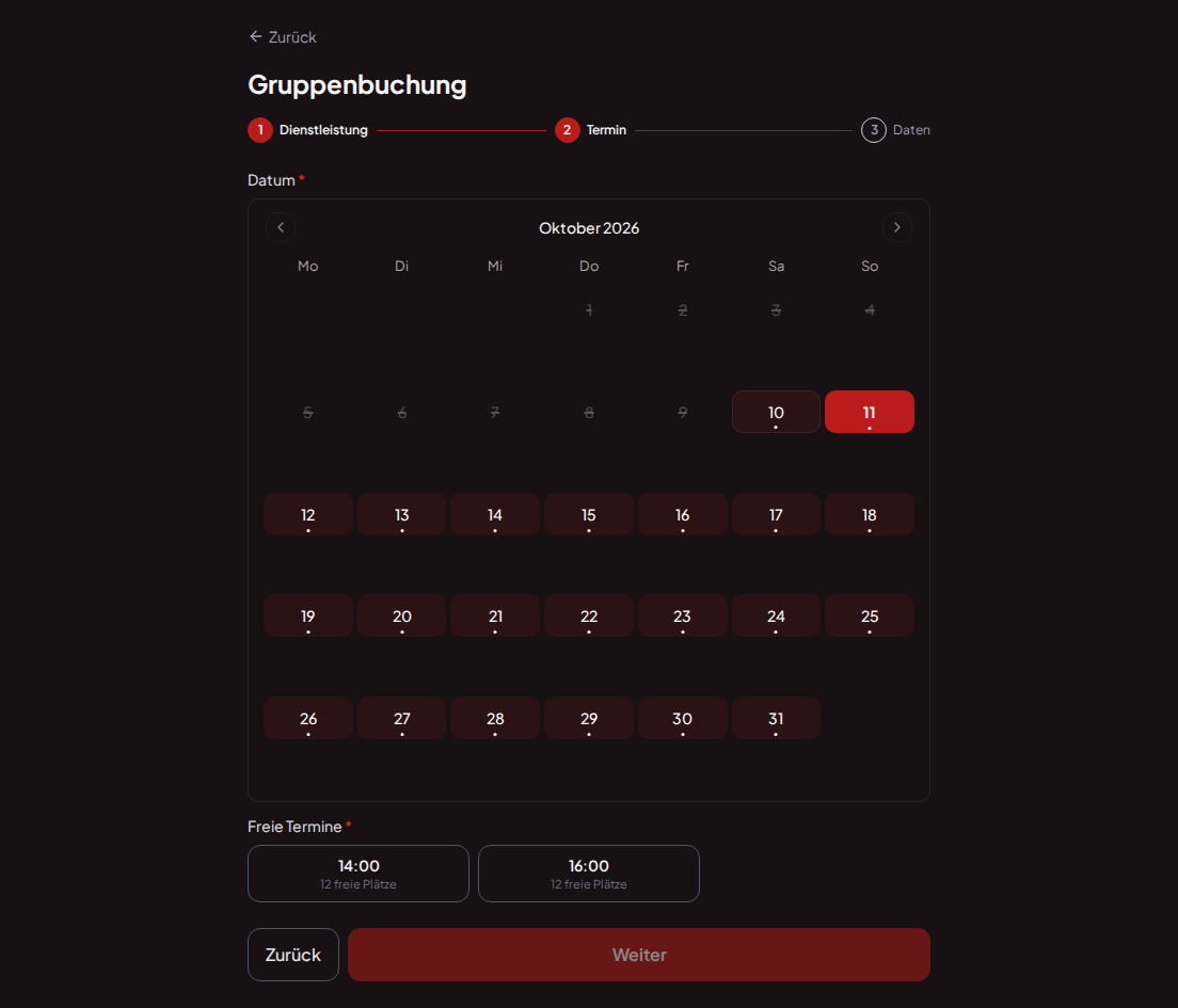 Terminbuchungssystem für Gokartbahnen – Gruppenbuchungs-Kalender für Gokart-Rennen mit ausreichend Plätzen für die Gruppengröße