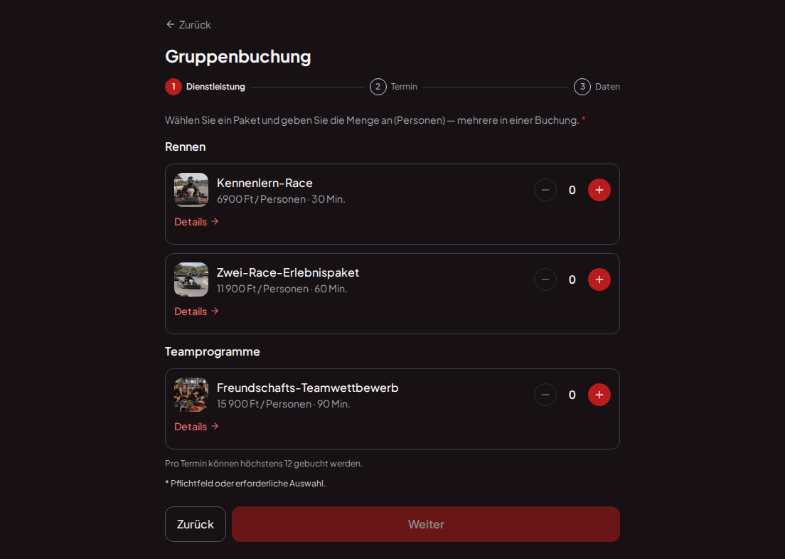 Terminbuchungssystem für Gokartbahnen – Kennenlern-Race, Zwei-Race-Erlebnispaket, Freundschafts-Teamwettbewerb mit Preisen, Dauer und Kategorien