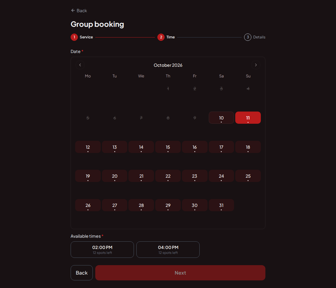 Appointment booking system for go-kart tracks – Go-kart race group booking calendar with sufficient capacity for the group size Appointment booking system for go-kart tracks – Go-kart race group booking calendar with sufficient capacity for the group size