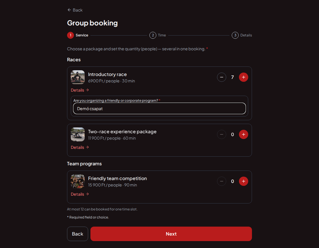 Appointment booking system for go-kart tracks – Go-kart race pre-booking question: Are you organizing a friendly or corporate program? Appointment booking system for go-kart tracks – Go-kart race pre-booking question: Are you organizing a friendly or corporate program?