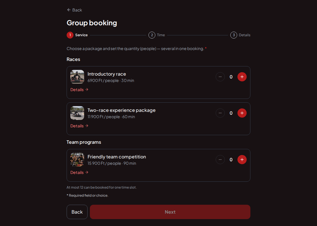 Appointment booking system for go-kart tracks – Introductory race, Two-race experience package, Friendly team competition with prices, durations, and categories Appointment booking system for go-kart tracks – Introductory race, Two-race experience package, Friendly team competition with prices, durations, and categories