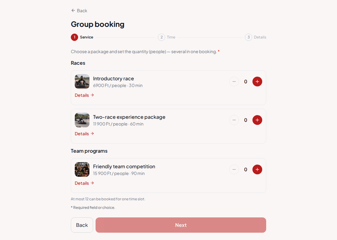 Appointment booking system for go-kart tracks – Introductory race, Two-race experience package, Friendly team competition with prices, durations, and categories Appointment booking system for go-kart tracks – Introductory race, Two-race experience package, Friendly team competition with prices, durations, and categories