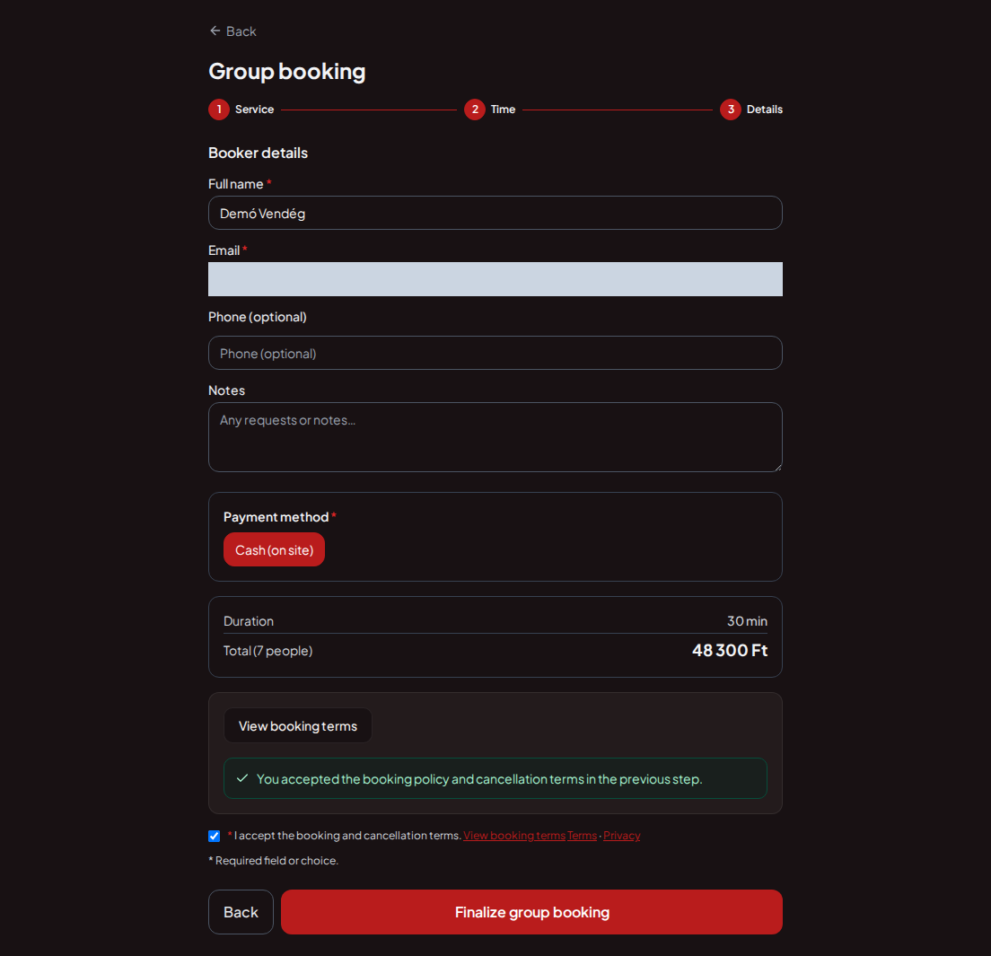 Appointment booking system for go-kart tracks – Go-kart booking group summary with program, size, and total fee Appointment booking system for go-kart tracks – Go-kart booking group summary with program, size, and total fee