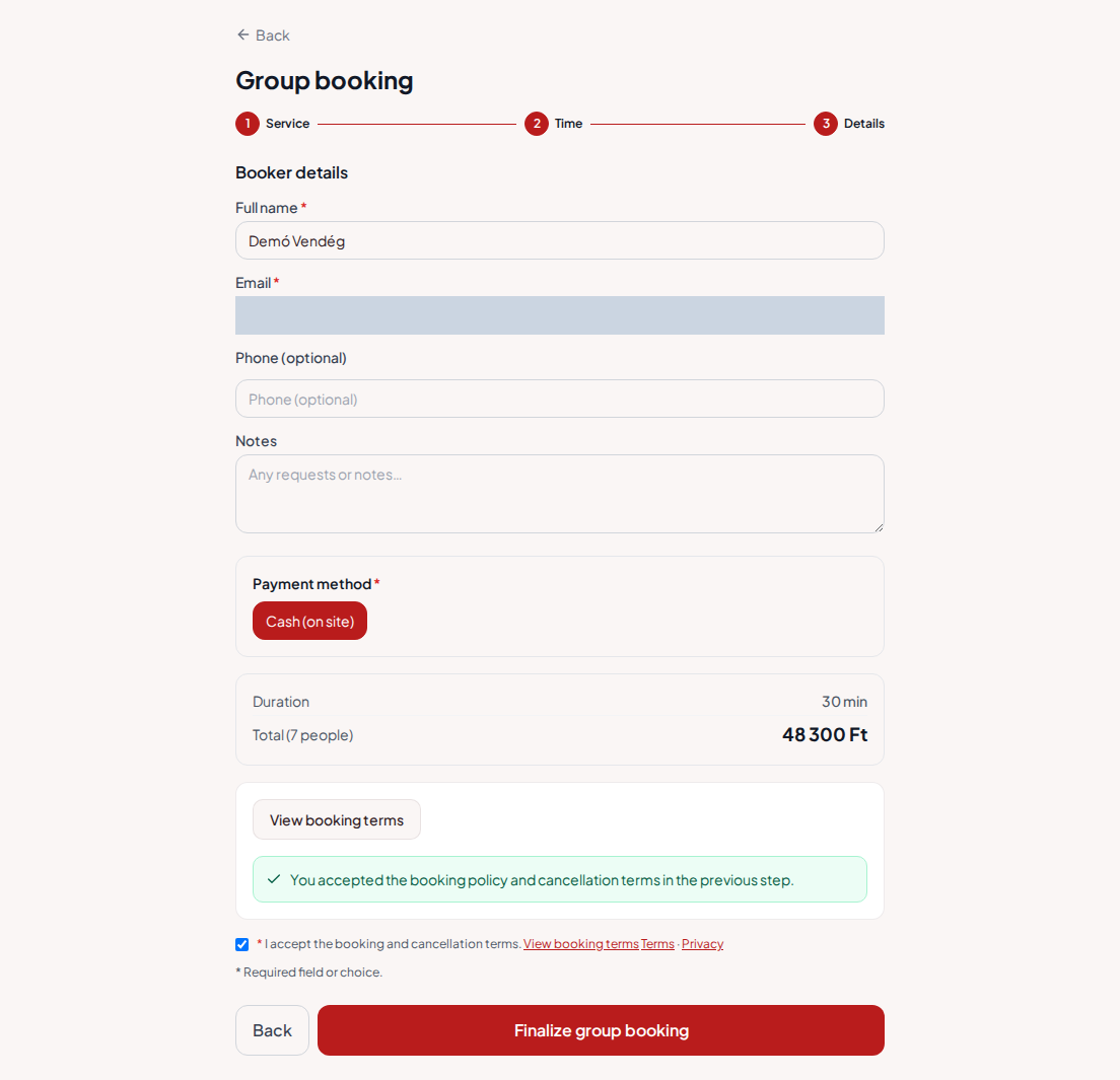 Appointment booking system for go-kart tracks – Go-kart booking group summary with program, size, and total fee Appointment booking system for go-kart tracks – Go-kart booking group summary with program, size, and total fee