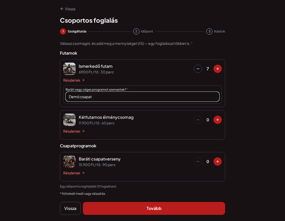 Időpontfoglaló rendszer gokartpályáknak – Gokartfutam előzetes foglalási kérdése: Baráti vagy céges programot szerveztek?