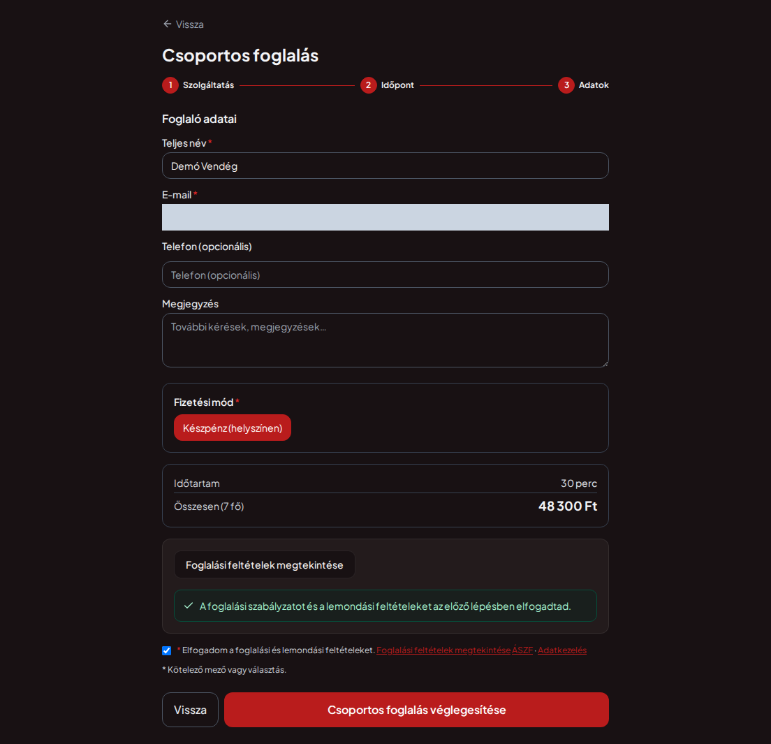 Időpontfoglaló rendszer gokartpályáknak – Gokartfoglalás csoportos összesítője a programmal, létszámmal és teljes díjjal