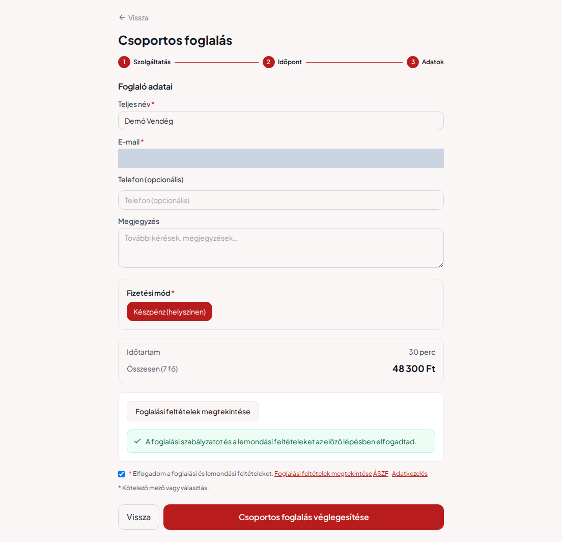 Időpontfoglaló rendszer gokartpályáknak – Gokartfoglalás csoportos összesítője a programmal, létszámmal és teljes díjjal