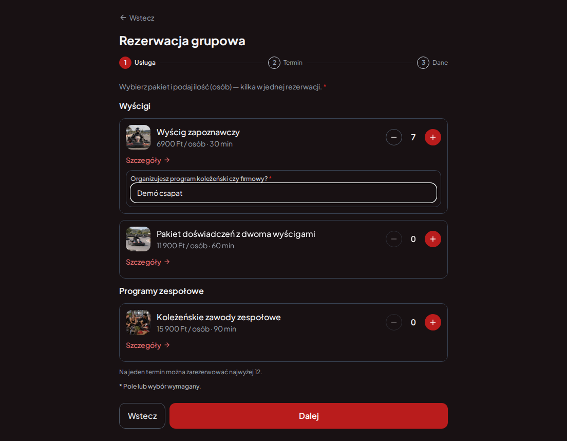 System rezerwacji dla torów gokartowych – Pytanie wstępne do rezerwacji wyścigu gokartowego: Organizujecie program koleżeński czy firmowy?