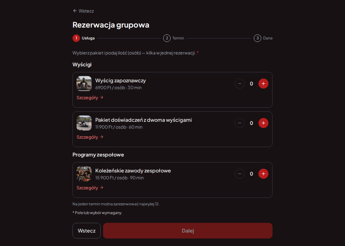 System rezerwacji dla torów gokartowych – Wyścig zapoznawczy, Pakiet doświadczeń z dwoma wyścigami, Koleżeńskie zawody zespołowe z cenami, czasem trwania i kategoriami