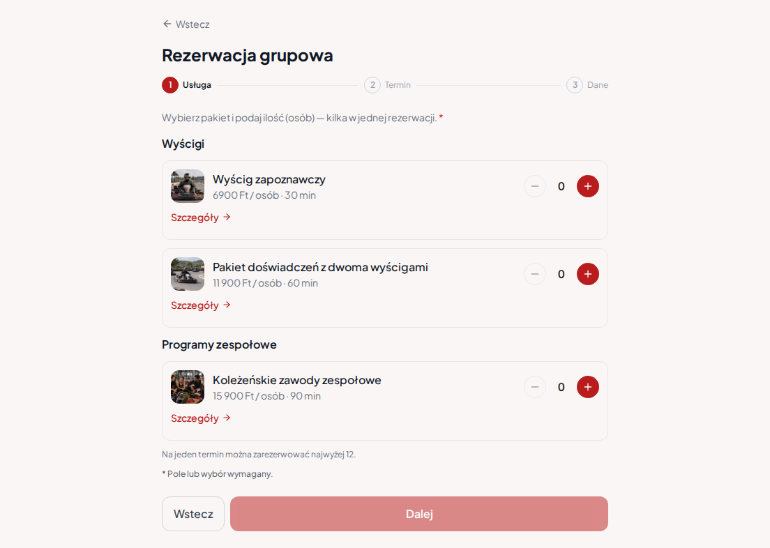 System rezerwacji dla torów gokartowych – Wyścig zapoznawczy, Pakiet doświadczeń z dwoma wyścigami, Koleżeńskie zawody zespołowe z cenami, czasem trwania i kategoriami