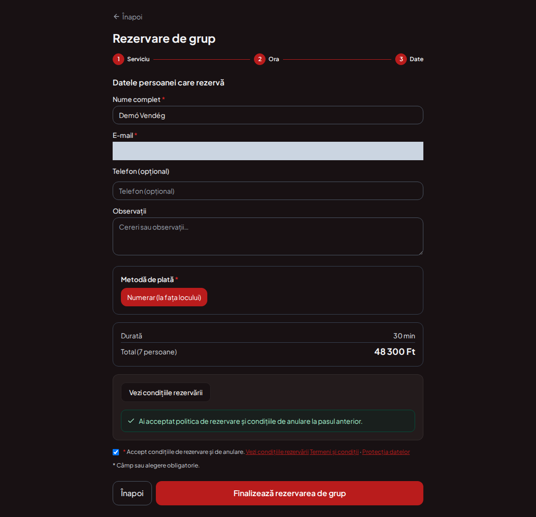 Sistem de rezervări pentru piste de karting – Rezumat de grup pentru rezervarea de gokart cu programul, numărul de persoane și tariful total
