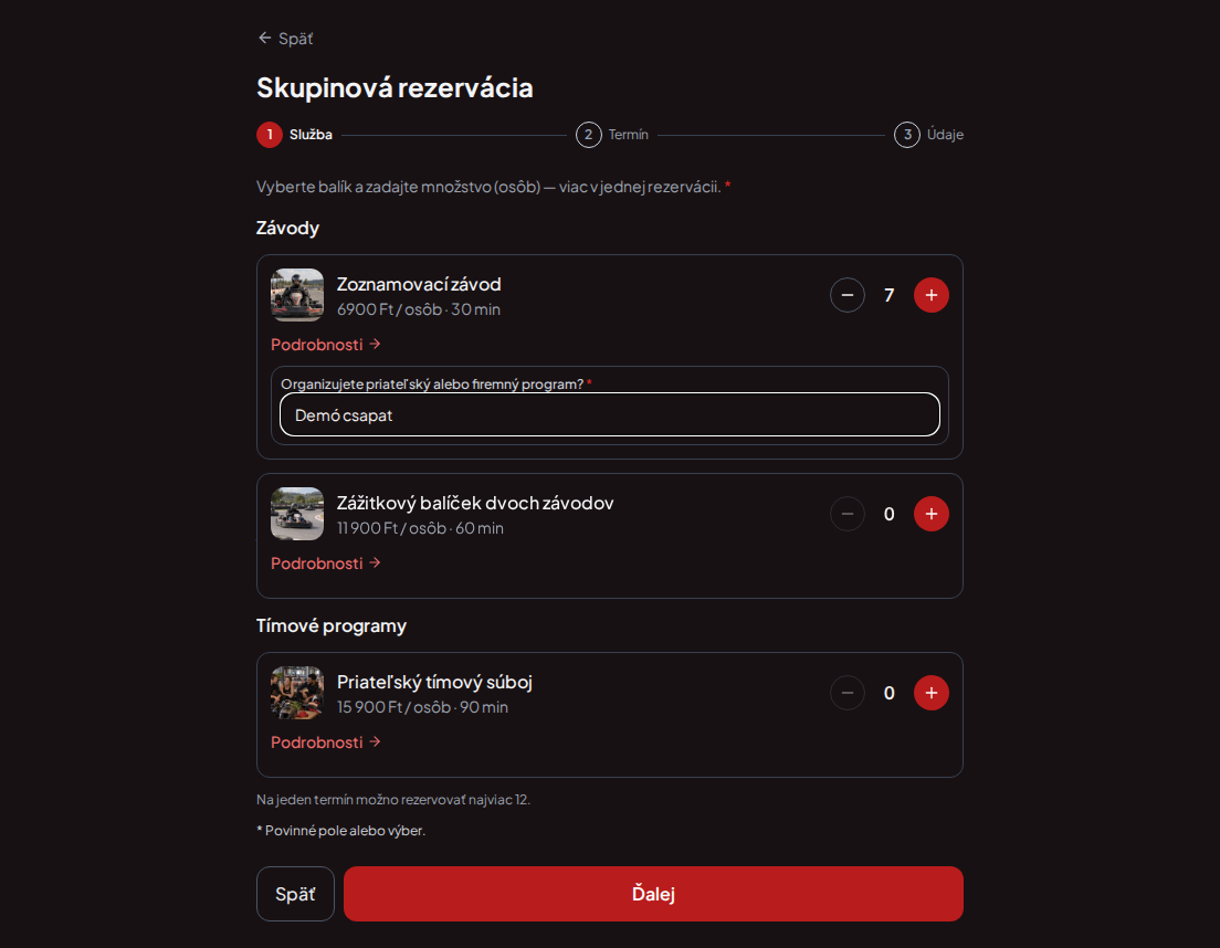 Systém rezervácií pre gokartové trate – Predrezervačná otázka pre gokartový pretek: Organizujete priateľský alebo firemný program? Systém rezervácií pre gokartové trate – Predrezervačná otázka pre gokartový pretek: Organizujete priateľský alebo firemný program?