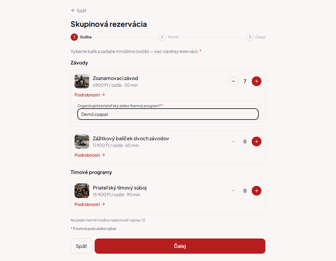 Systém rezervácií pre gokartové trate – Predrezervačná otázka pre gokartový pretek: Organizujete priateľský alebo firemný program? Systém rezervácií pre gokartové trate – Predrezervačná otázka pre gokartový pretek: Organizujete priateľský alebo firemný program?