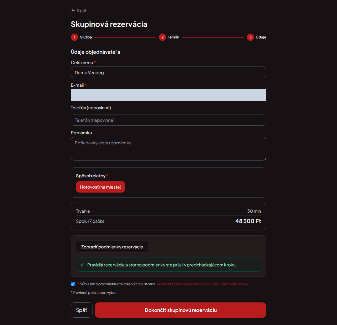 Systém rezervácií pre gokartové trate – Skupinové zhrnutie rezervácie gokartov s programom, počtom osôb a celkovou cenou Systém rezervácií pre gokartové trate – Skupinové zhrnutie rezervácie gokartov s programom, počtom osôb a celkovou cenou