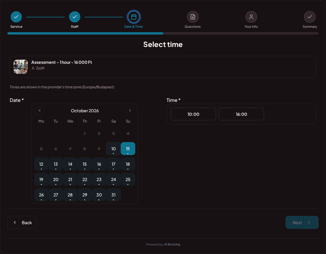 Appointment booking system for physiotherapists – Physiotherapy booking calendar with available slots for the selected service Appointment booking system for physiotherapists – Physiotherapy booking calendar with available slots for the selected service