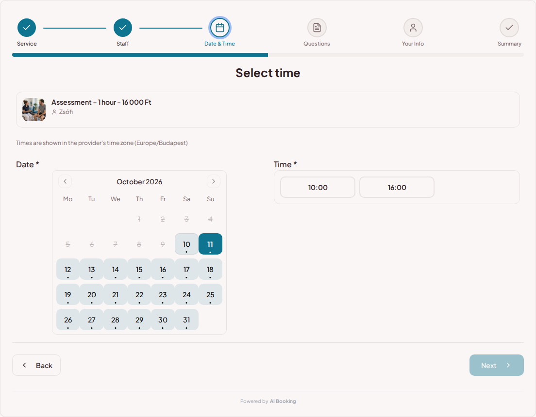 Appointment booking system for physiotherapists – Physiotherapy booking calendar with available slots for the selected service Appointment booking system for physiotherapists – Physiotherapy booking calendar with available slots for the selected service