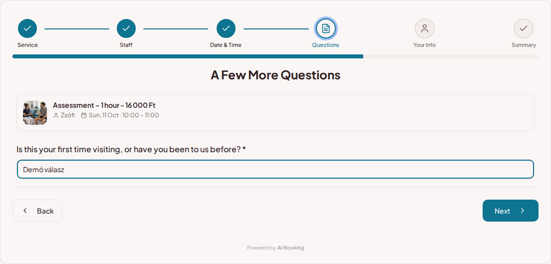 Appointment booking system for physiotherapists – Physiotherapy pre-booking question: Is this your first time, or have you been to us before? Appointment booking system for physiotherapists – Physiotherapy pre-booking question: Is this your first time, or have you been to us before?