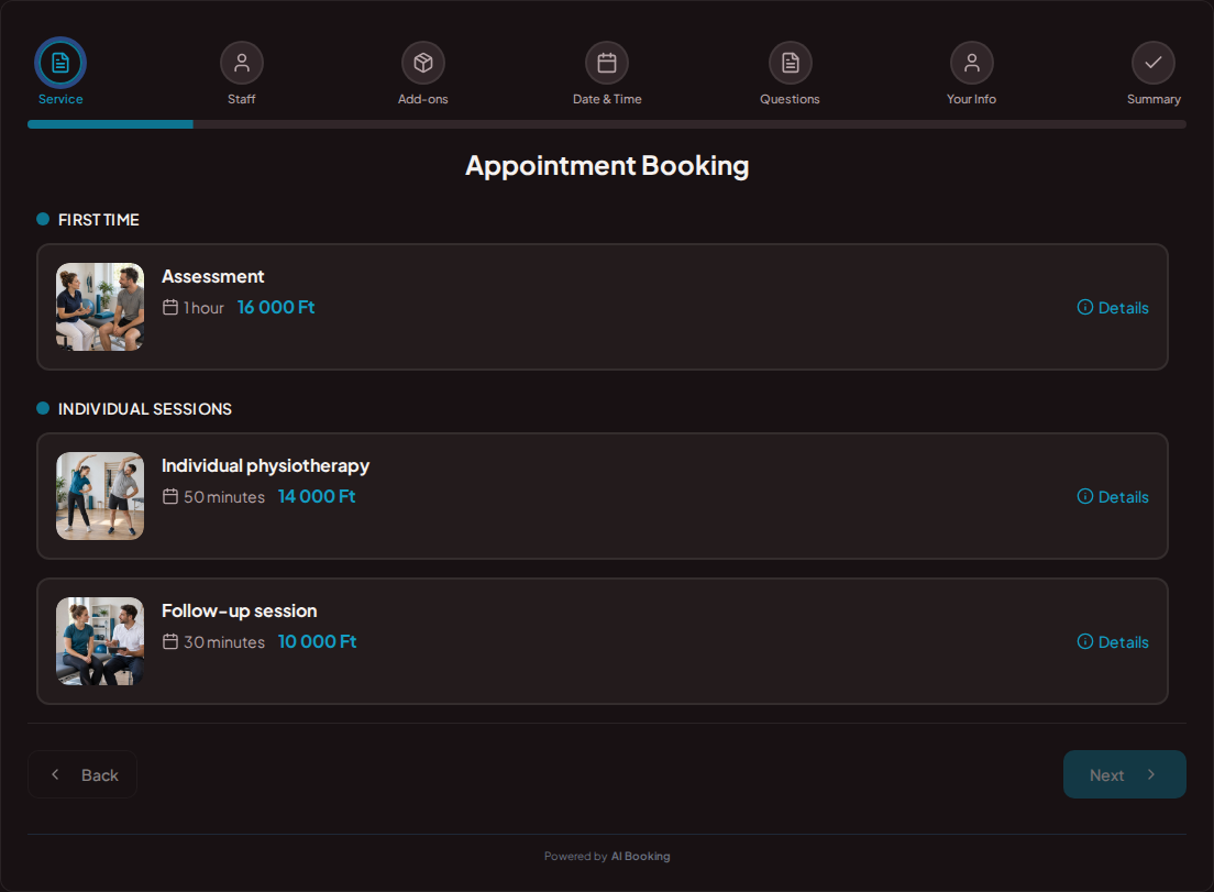 Appointment booking system for physiotherapists – Assessment, Individual physiotherapy, Check-up session with prices, durations, and categories Appointment booking system for physiotherapists – Assessment, Individual physiotherapy, Check-up session with prices, durations, and categories