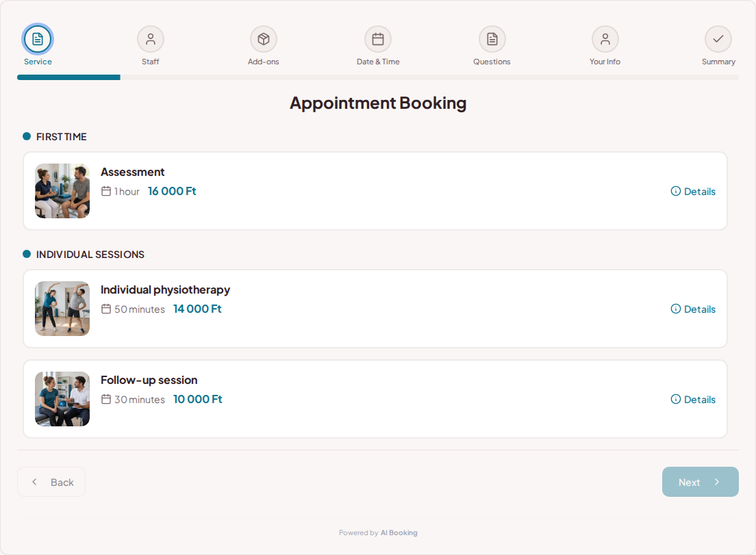 Appointment booking system for physiotherapists – Assessment, Individual physiotherapy, Check-up session with prices, durations, and categories Appointment booking system for physiotherapists – Assessment, Individual physiotherapy, Check-up session with prices, durations, and categories