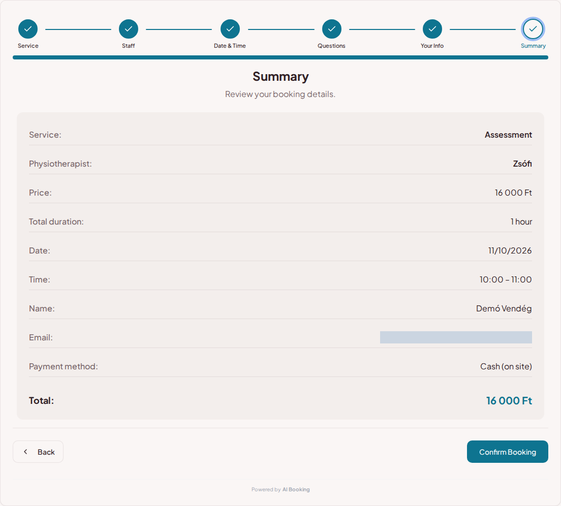 Appointment booking system for physiotherapists – Physiotherapy booking summary with service, specialist, time, and fee Appointment booking system for physiotherapists – Physiotherapy booking summary with service, specialist, time, and fee