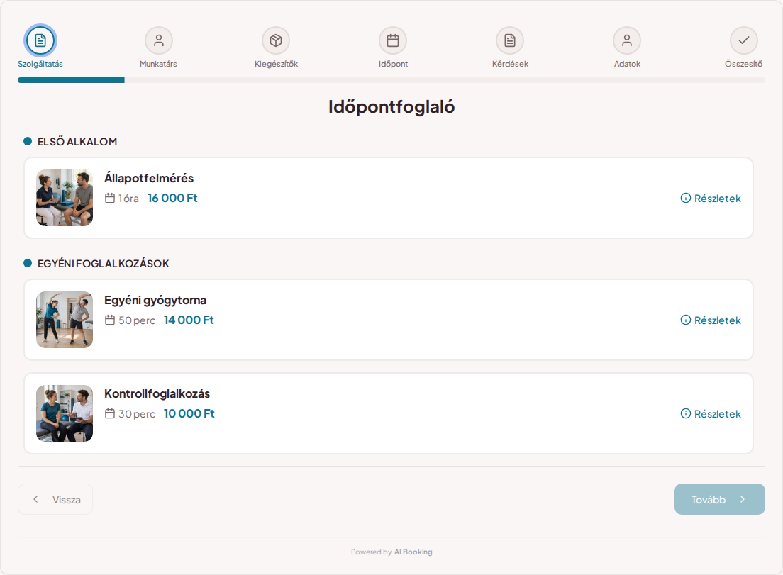 Időpontfoglaló rendszer gyógytornászoknak – Állapotfelmérés, Egyéni gyógytorna, Kontrollfoglalkozás árakkal, időtartammal és kategóriákkal