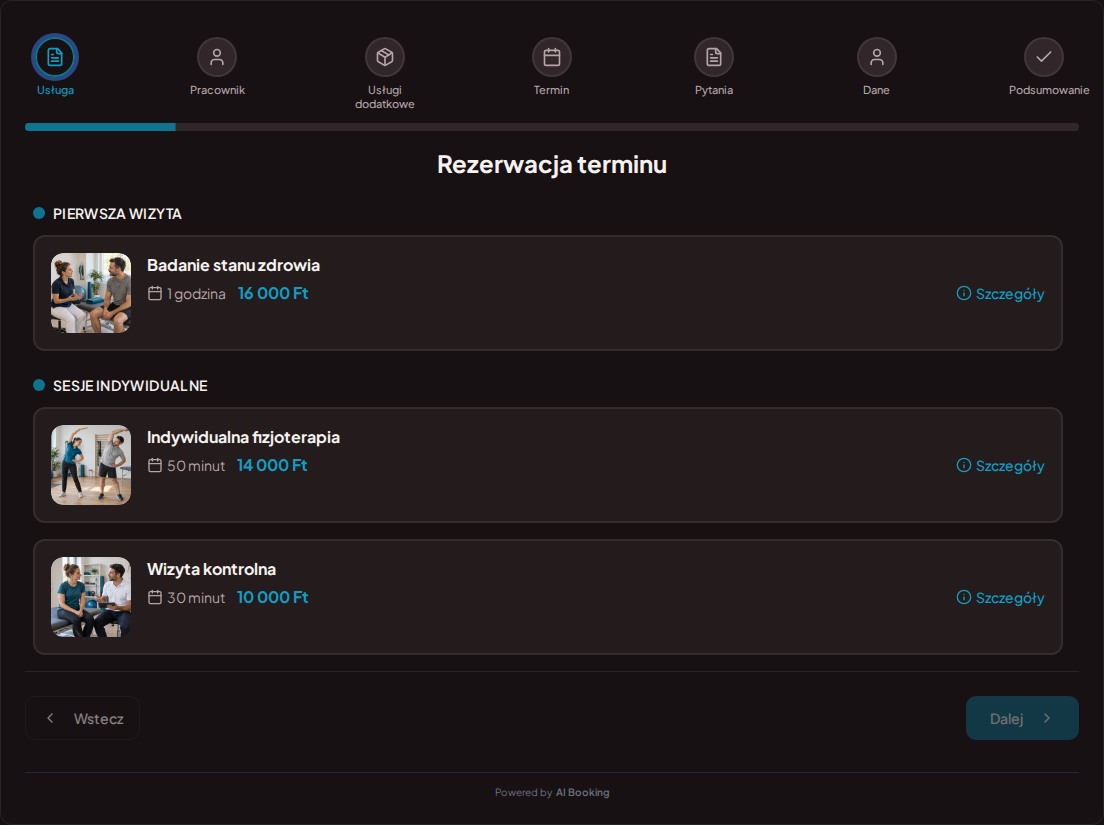 System rezerwacji dla fizjoterapeutów – Badanie stanu zdrowia, Indywidualna fizjoterapia, Wizyta kontrolna z cenami, czasem trwania i kategoriami System rezerwacji dla fizjoterapeutów – Badanie stanu zdrowia, Indywidualna fizjoterapia, Wizyta kontrolna z cenami, czasem trwania i kategoriami