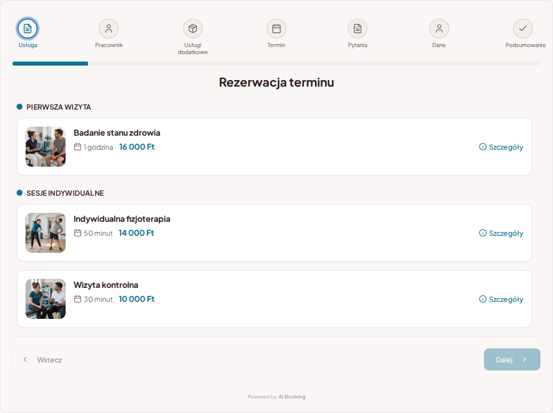 System rezerwacji dla fizjoterapeutów – Badanie stanu zdrowia, Indywidualna fizjoterapia, Wizyta kontrolna z cenami, czasem trwania i kategoriami System rezerwacji dla fizjoterapeutów – Badanie stanu zdrowia, Indywidualna fizjoterapia, Wizyta kontrolna z cenami, czasem trwania i kategoriami